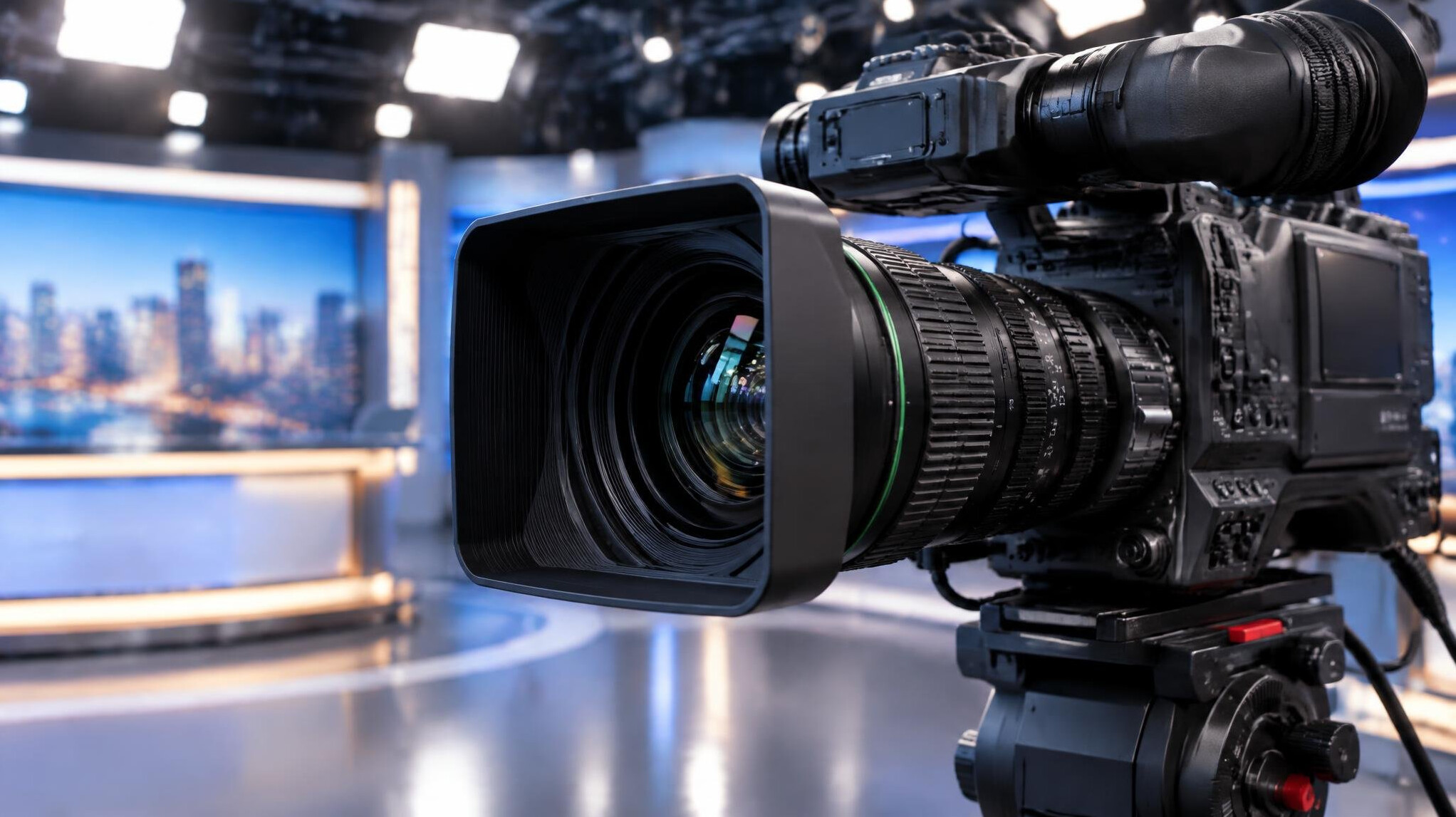Professional video camera lens close-up in a studio