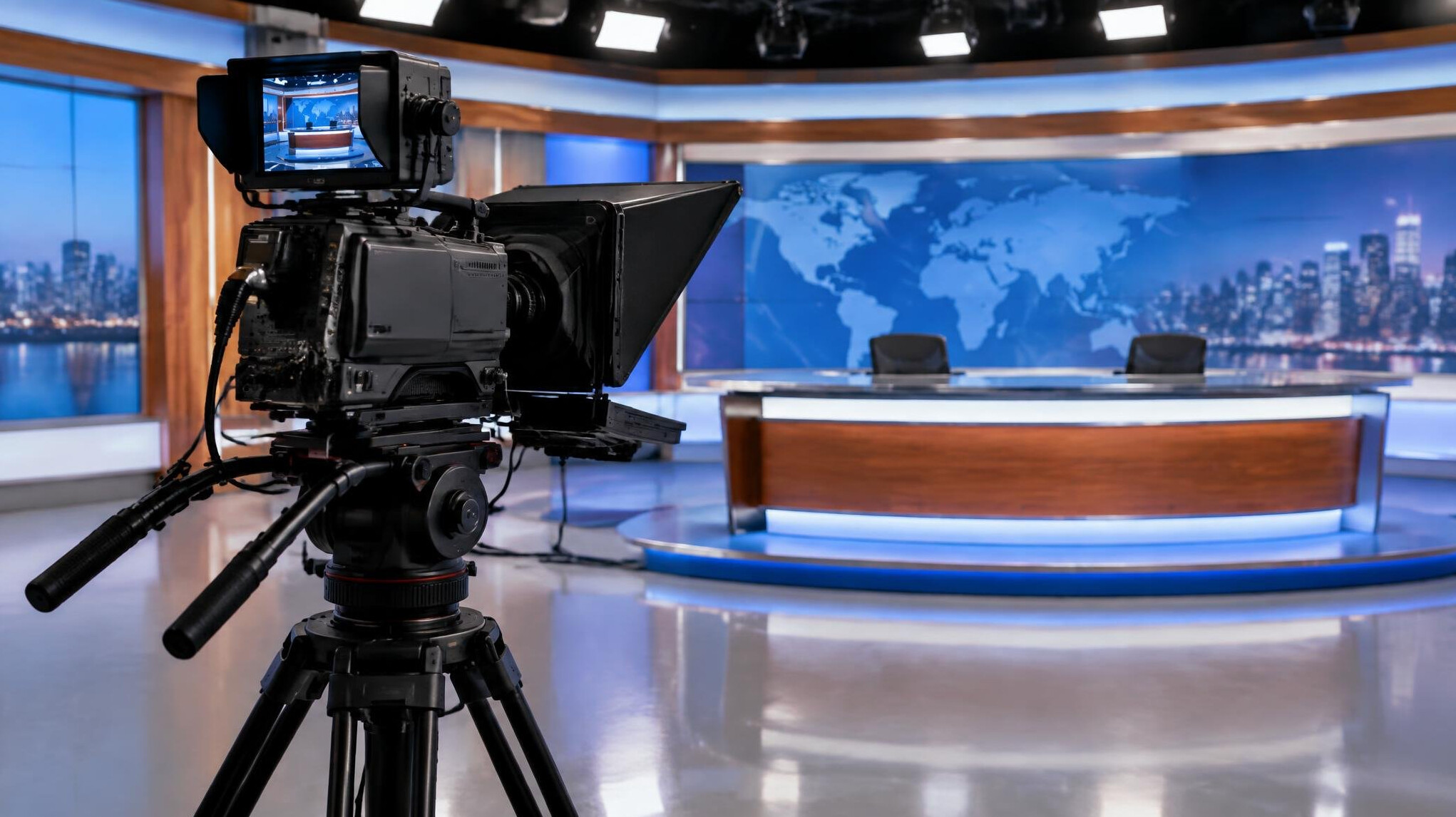 Professional television studio camera on a tripod facing an empty set