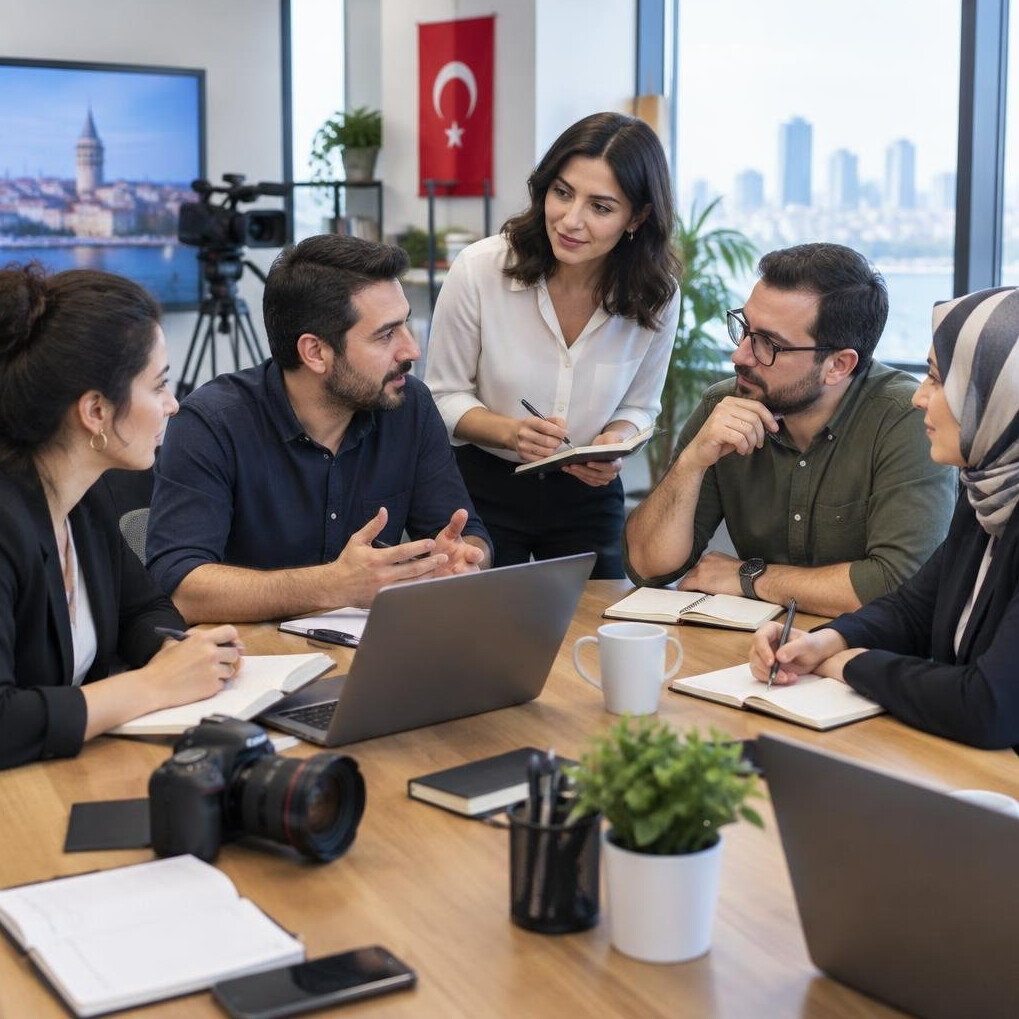 Team of colleagues discussing around a table in a bright room